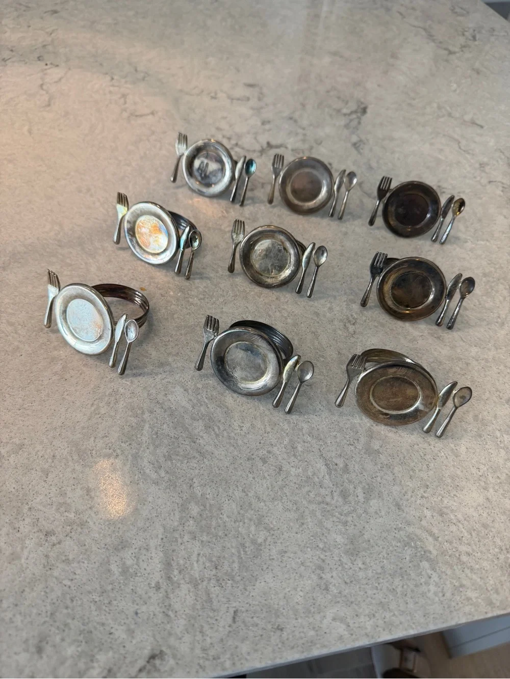 Vintage Silver Plated Figural Napkin Rings Set of 9 Miniature Place Setting